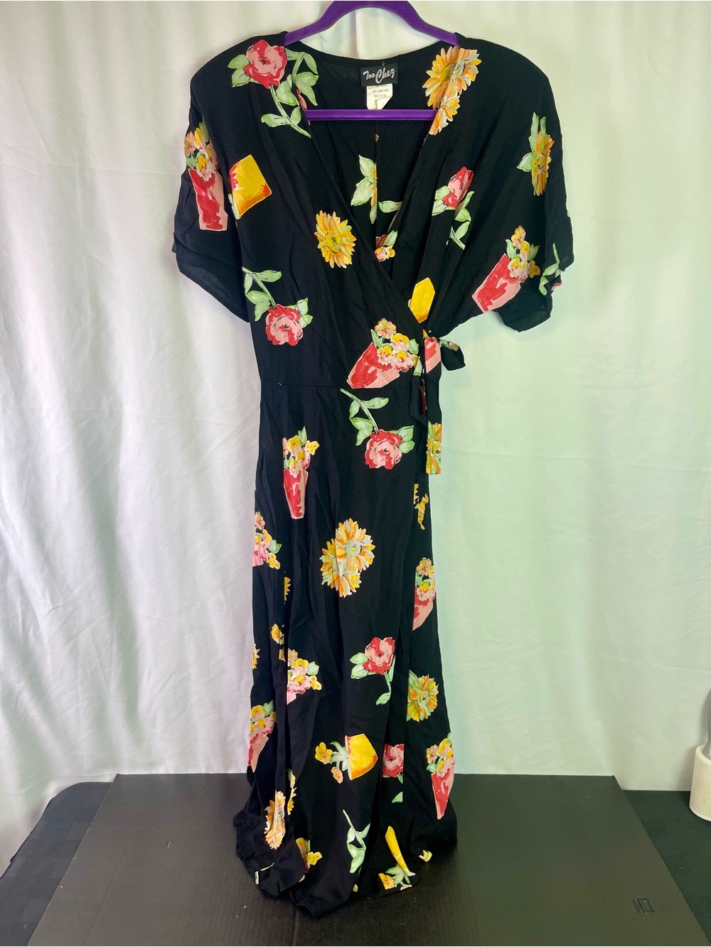Vintage 90s Black Floral Tie Maxi Dress with Yellow & Pink Blooms